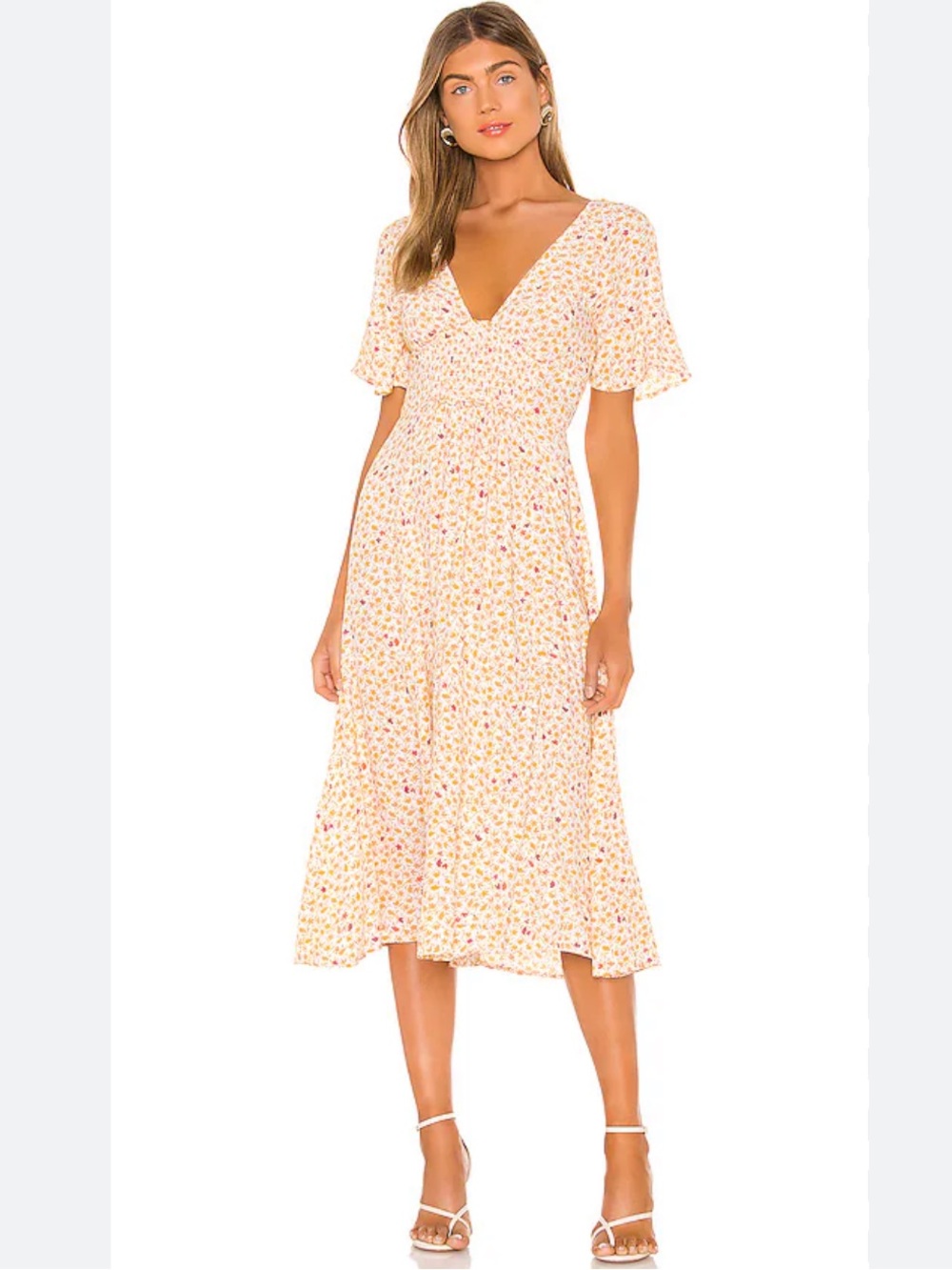 Free People In Full Bloom Midi Dress Goldenrod Ivory Floral Smocked Boho Women S - Picture 16 of 16